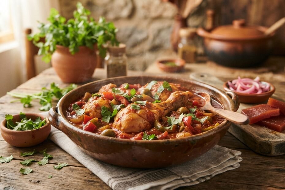 Traditional Dominican-style pollo guisado served in a rustic bowl, with tender chicken, peppers, tomato sauce, fresh cilantro, and sliced guava nearby.