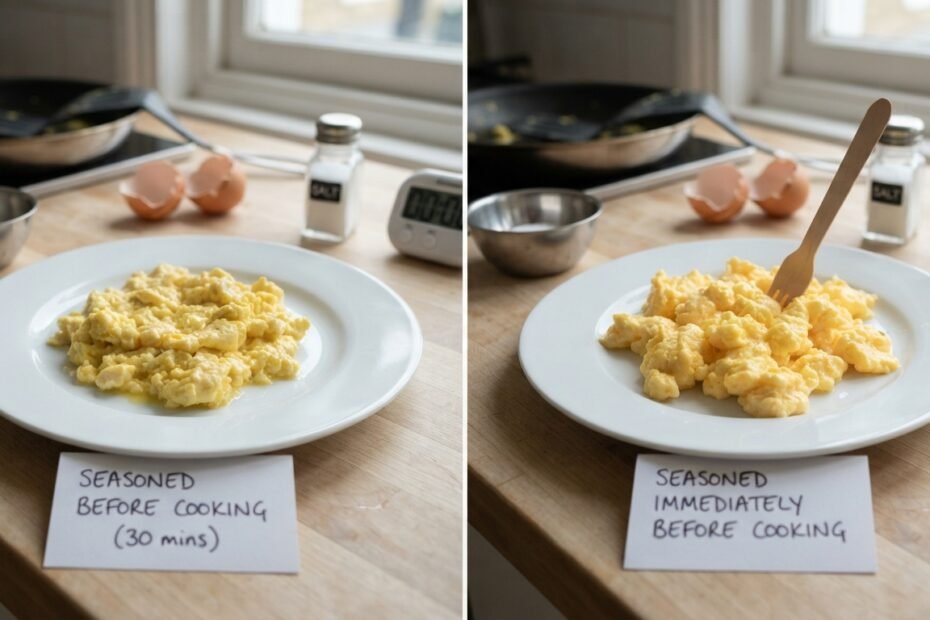 Two portions of scrambled eggs being compared side by side
