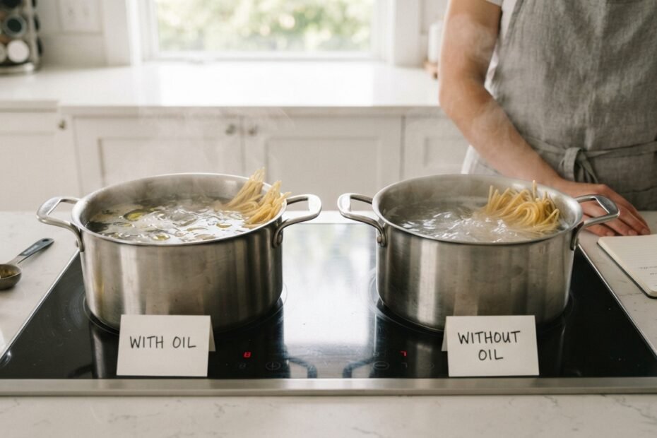 Two pots of boiling pasta side by side, one labeled with oil and one without oil