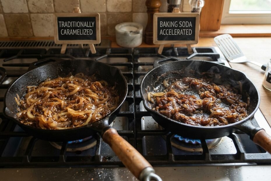 Two skillets of sliced onions side by side