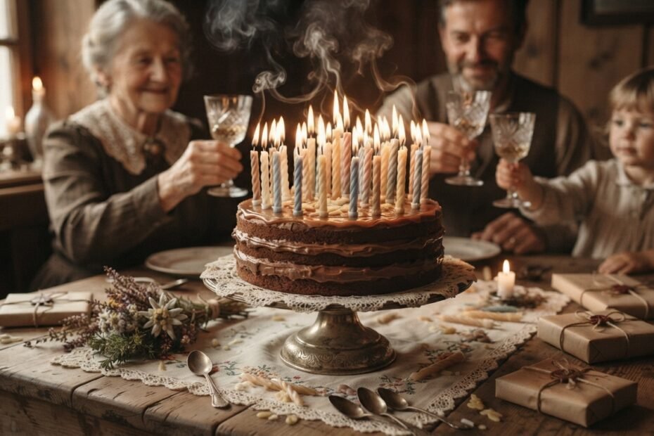 Vintage-inspired birthday celebration with a decorated cake and candles