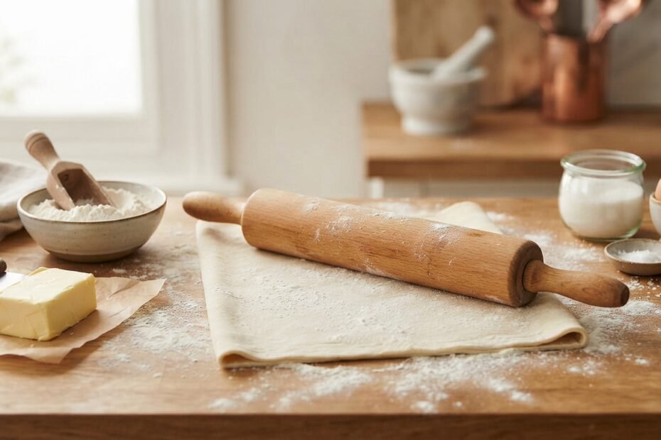 Wooden rolling pin on a lightly floured baking surface with rolled pastry dough