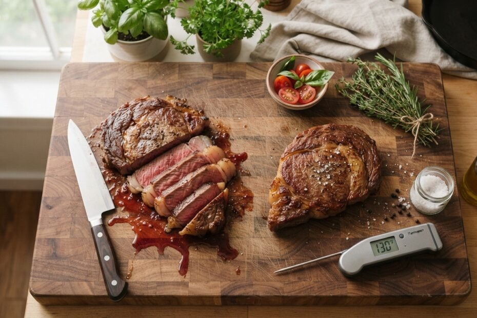 comparing two identical cooked steaks