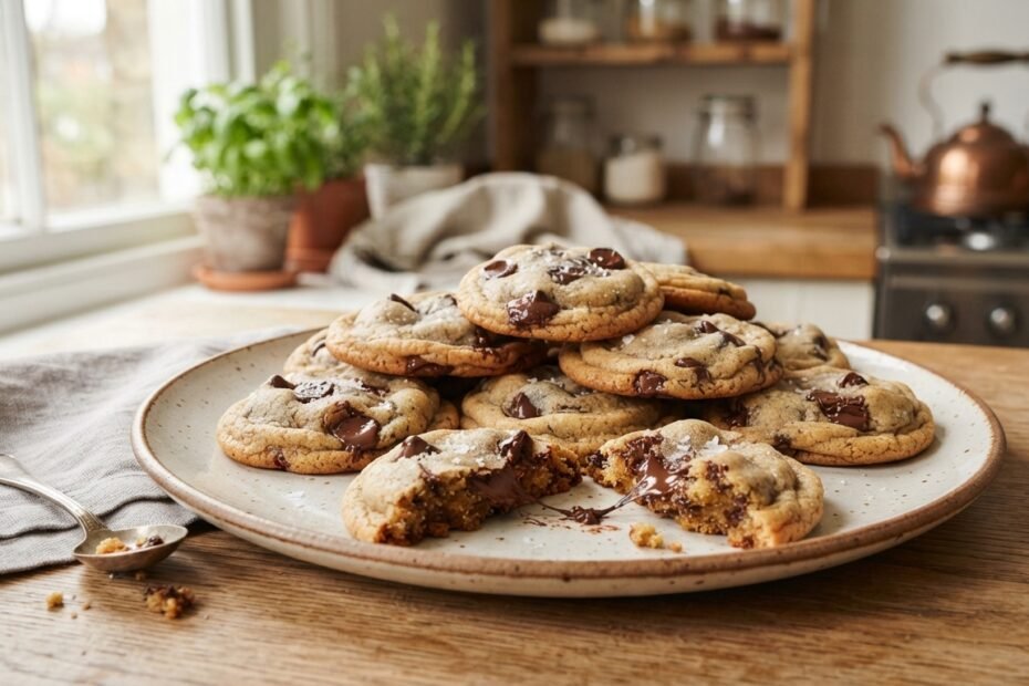 freshly baked classic chocolate chip cookies arranged on a simple ceramic plate