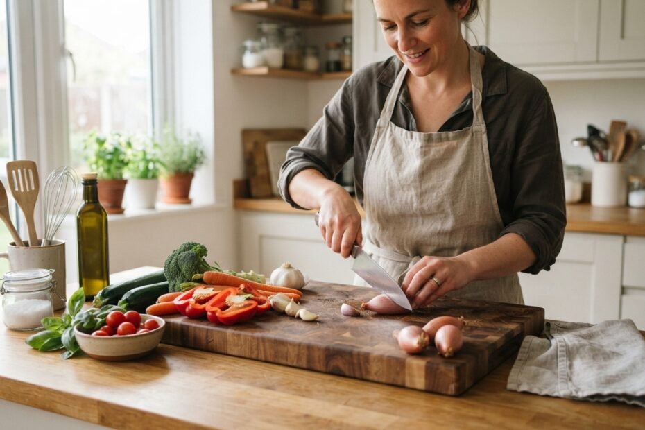 home cook chopping fresh vegetables on a large wooden cutting board