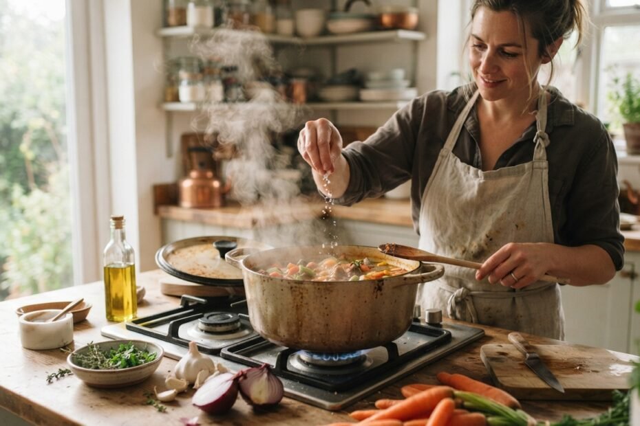 home cook seasoning a large pot of food with salt