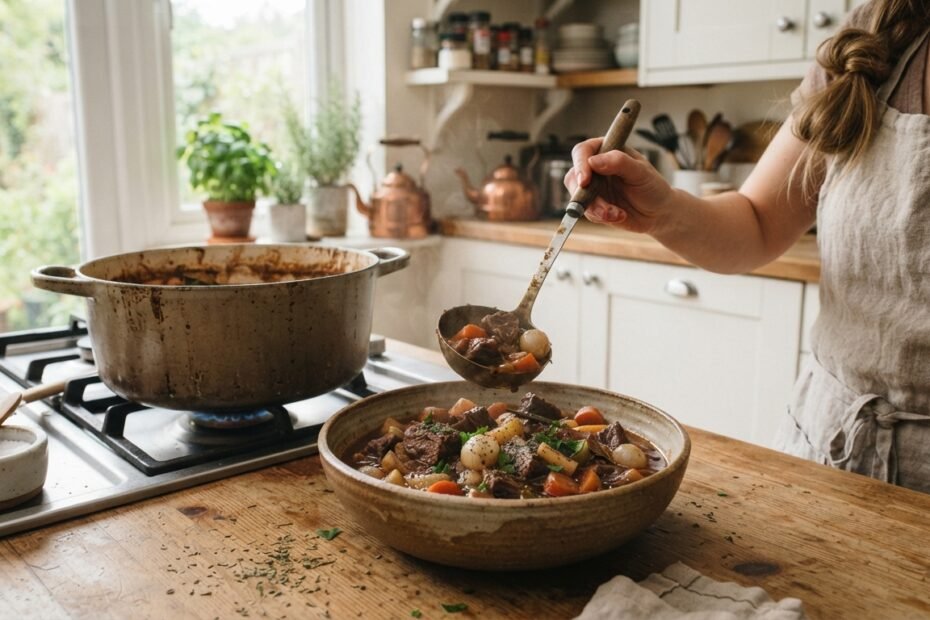 of a bowl of rich homemade stew being served the day after cooking