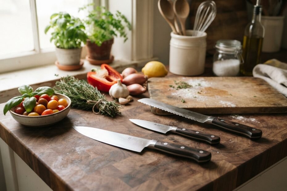 several kitchen knives arranged naturally
