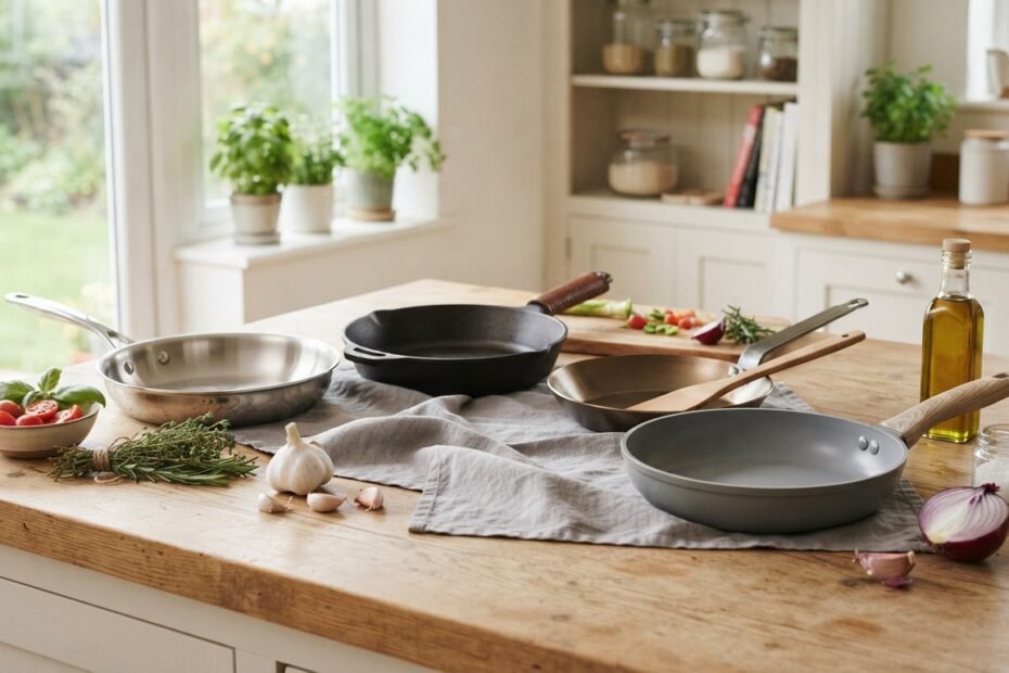 showing several types of skillets arranged naturally on a kitchen countertop