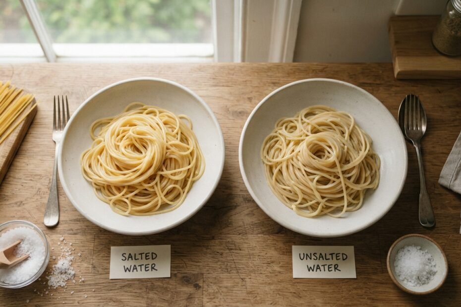 showing two portions of cooked pasta side by side for a kitchen experiment
