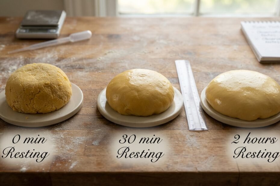 Fresh pasta dough divided into three portions labeled by resting time