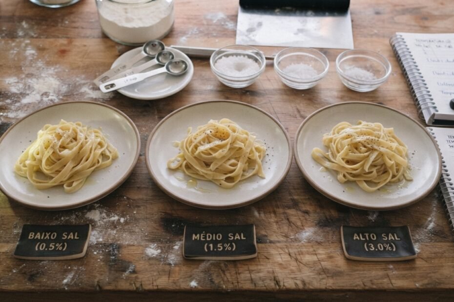 Three plates of identical cooked pasta being compared side by side