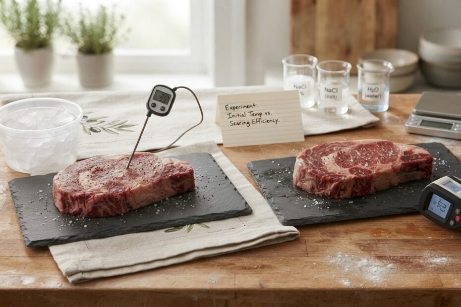 Two identical steaks, one freshly removed from the refrigerator and one resting on a kitchen counter